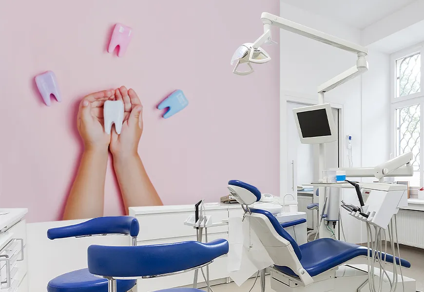کاغذ دیواری سه بعدی مطب دندانپزشکی طرح دندان شیری